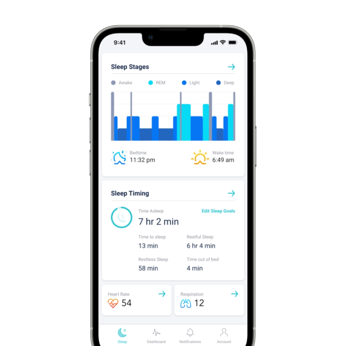 Small white BioFi sleep sensor emitting a soft glow on a wooden nightstand next to a bed and lamp